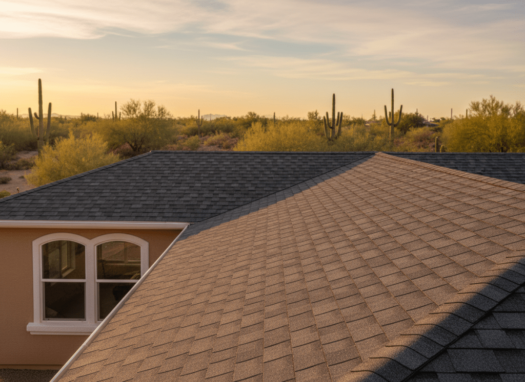 A freshly installed residential shingle roof in a warm desert neighborhood, featuring clean lines of charcoal architectural asphalt shingles with crisp, uniform rows. The home’s stucco exterior in soft sand tones frames the roof, with low desert landscaping and saguaros blurred in the background. Late afternoon Arizona sunlight creates a golden, photographic realism, emphasizing the subtle texture and granules on each shingle while casting gentle, defined shadows along the ridgeline. Captured from a slightly elevated angle at the roof edge, the composition uses the rule of thirds to highlight both roof surface and skyline, conveying a professional, trustworthy atmosphere ideal for a roofing company homepage hero image.
