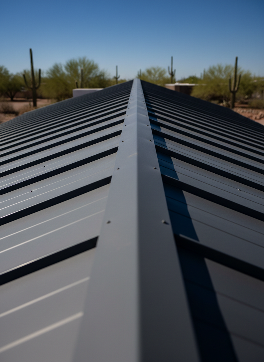 A dramatic photographic close-up of a standing seam metal roof in dark matte charcoal, installed on a modern American-style building. The camera is positioned low along the roof plane, letting the tall, crisp seams run in strong parallel lines toward the horizon. The metal surface has a subtle, refined texture with minimal gloss, catching streaks of bright Arizona sunlight that create sharp, confident highlights along the seams and deep shadows between them. In the blurred background, hints of desert landscaping and a clear cobalt-blue sky underline the Phoenix setting. The overall mood is bold, industrial-elegant, and premium, with a minimalist, high-contrast composition that showcases durability, wind resistance, and long-term performance in a clean, modern aesthetic.