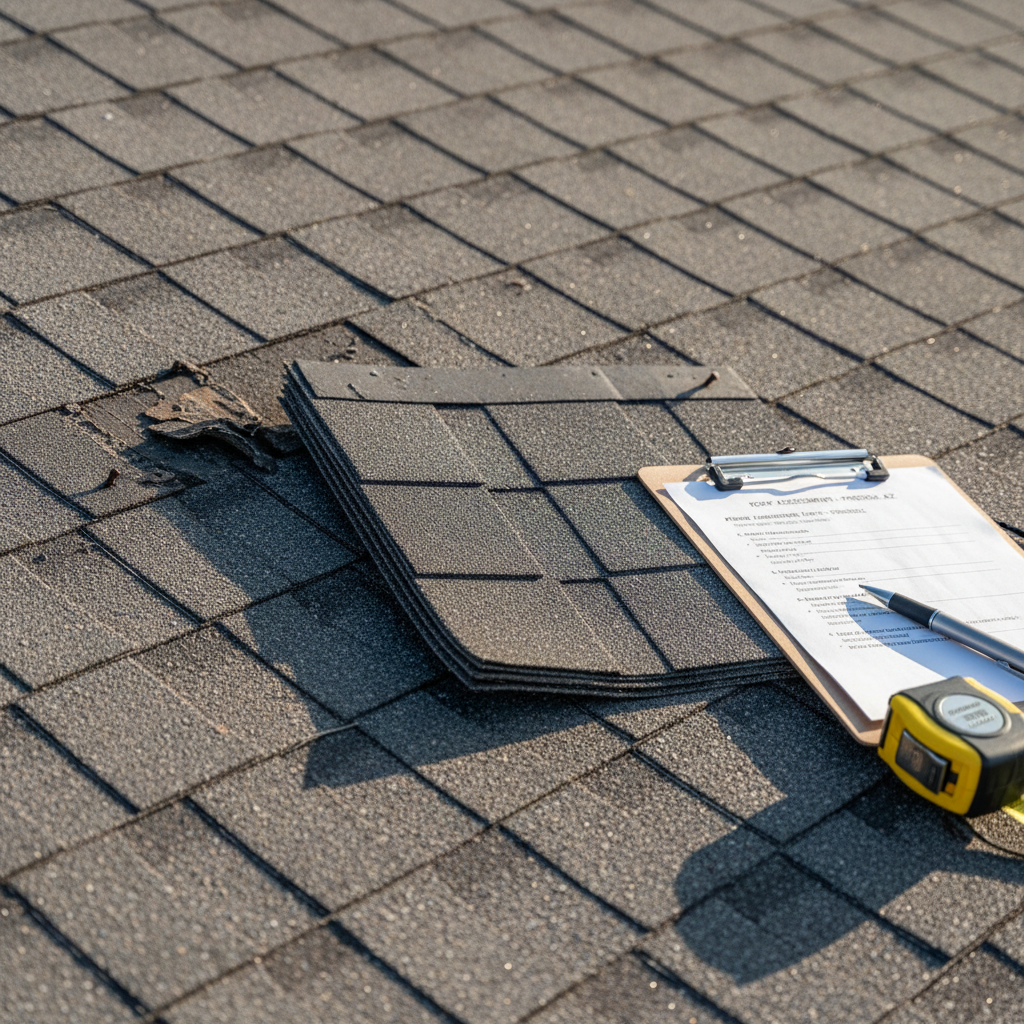 A close-up, photographic realism image of a roof damage inspection scene without any people present. A weathered, sun-faded asphalt roof shows curled shingles, missing granules, and a few exposed nail heads, contrasted by a new sample shingle panel placed precisely on top for comparison. Beside it, a rugged metal clipboard with neatly printed inspection notes rests on the roof slope, along with a bright yellow measuring tape. Late afternoon sunlight casts angled shadows that highlight the rough, cracked textures of the old shingles and the crisp edges of the new sample. The composition is framed from a slightly overhead angle with a shallow depth of field, creating a bold, focused, problem-and-solution atmosphere that underscores the need for professional roofing replacement in Phoenix’s harsh climate.
