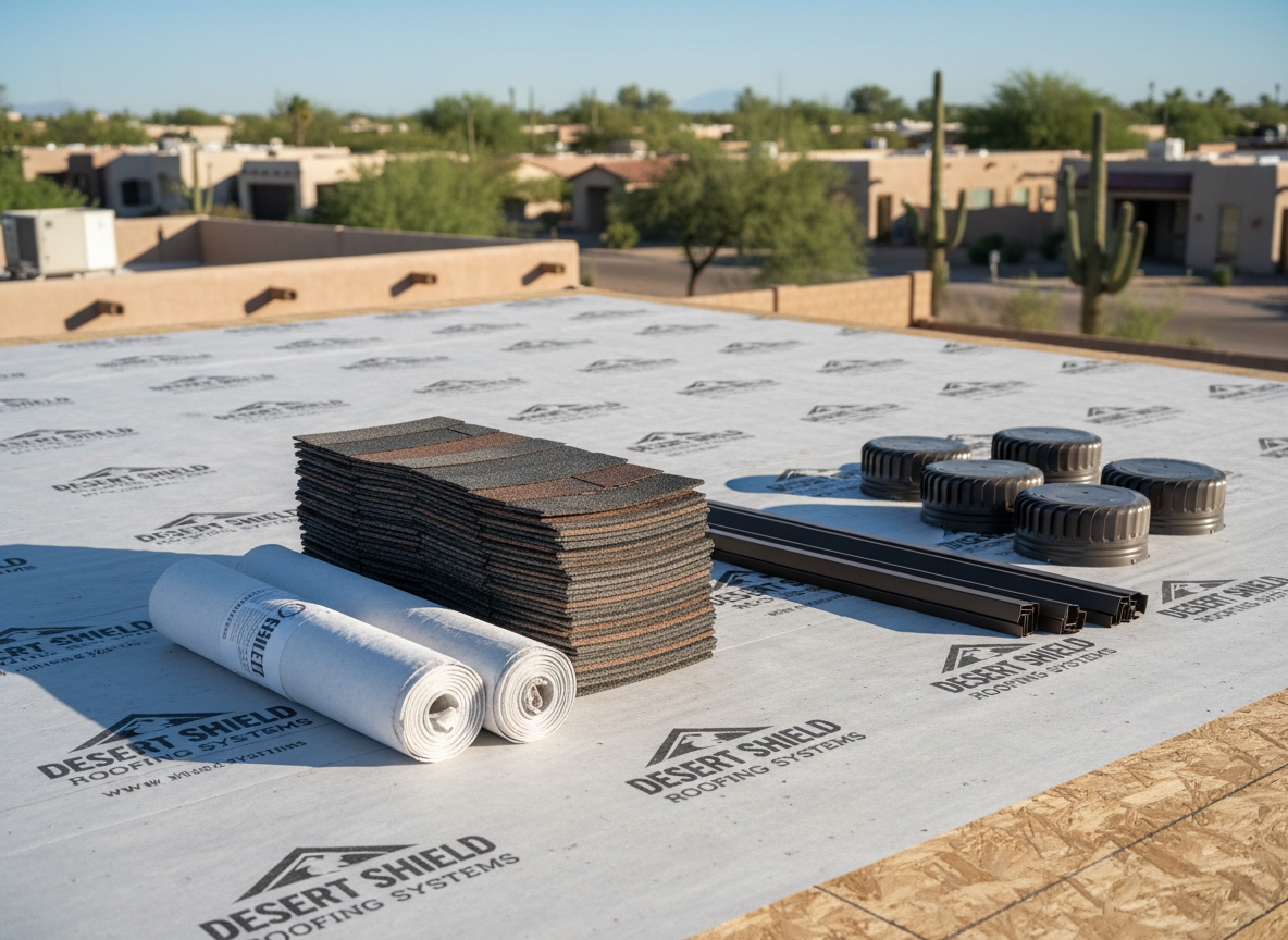 A rooftop detail shot of new cold-climate roofing materials laid out on an underlayment-covered deck for a Montana roofing company project, ready for installation. Architectural shingles in rich charcoal and warm brown tones are stacked neatly beside rolls of synthetic underlayment, metal drip edge, and vent components, all resting on a clean OSB surface. The background shows a blurred glimpse of a mountain town neighborhood. Clear northern sunlight provides bright, even illumination with minimal shadows, creating a professional look that reflects the precision of a Missoula roofer and Billings roofing contractor team.
