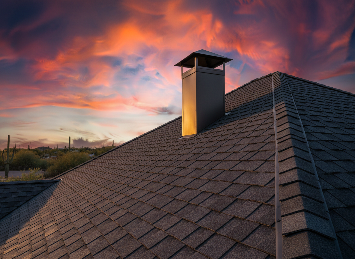 A dramatic low-angle photographic view of a steep residential roof with dark slate-colored dimensional shingles, set against a vast Arizona sky at golden hour. The roof’s sharp lines lead the eye upward to a bold, oversized metal chimney cap and cleanly installed flashing. In the distance, subtle silhouettes of saguaro cacti and desert hills suggest the Phoenix landscape without dominating the scene. Warm, directional sunlight rakes across the shingle surfaces, revealing granular texture and subtle color variation, while casting strong, confident shadows that enhance depth. The mood is bold and powerful, with a composition that uses rule-of-thirds framing and crisp focus throughout, conveying durability, premium quality, and American craftsmanship in a clean, modern photographic style.