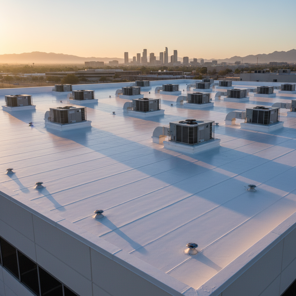 A powerful, photographic hero image of a large commercial building in Phoenix with a pristine white TPO flat roof, captured at sunrise. The roof surface appears smooth and reflective, with cleanly welded seams, orderly HVAC units on raised curbs, and neatly aligned drainage points. The low early sunlight casts a warm golden glow over the rooftop equipment and creates long, dynamic shadows that run diagonally across the bright membrane. In the distance, the muted silhouettes of downtown Phoenix buildings and desert mountains are visible beneath a clear sky. Shot from an elevated corner angle with sharp focus throughout, the composition emphasizes scale, order, and technical precision, reinforcing a bold, premium, and highly professional commercial roofing capability.