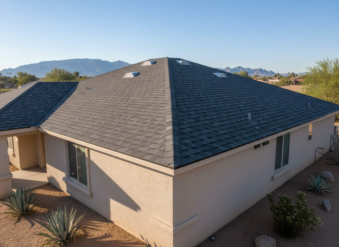 A freshly completed modern asphalt shingle roof on a single-story Phoenix home, captured in crisp photographic realism. The roof features deep charcoal architectural shingles with dimensional shadow lines, clean metal ridge vents, and precisely aligned edges. Surrounding the roofline are light stucco exterior walls and minimal desert landscaping with tan gravel and agave plants. Late afternoon desert sunlight creates bold, defined highlights on the shingle texture and strong but clean shadows along the ridges, emphasizing craftsmanship. Shot from a slightly elevated angle, the composition fills the frame with the roof while the distant Phoenix mountains and a clear blue sky blur softly in the background, evoking a bold, premium, all-American reliability and strength.