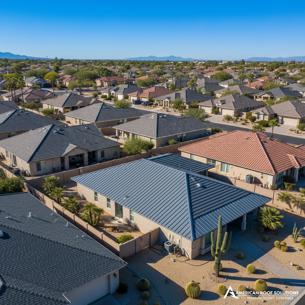 A wide, photographic aerial view of multiple Phoenix homes with newly installed roofs, showcasing a variety of premium materials: dark asphalt architectural shingles, standing seam metal panels in matte charcoal, and terra-cotta style concrete tiles. The rooftops form a strong geometric pattern, with clean ridge lines and precise flashing visible on every home. Surrounding the roofs are desert-friendly front yards with gravel, cacti, and palm trees, set under a blazing clear blue Arizona sky. Harsh midday sunlight creates sharp, graphic shadows that accentuate the shapes and slopes of each roof. Captured in crisp, high-resolution detail from a bird’s eye view, the composition feels bold and authoritative, emphasizing coverage, scale, and the contractor’s capability to handle entire neighborhoods with premium American roofing solutions.