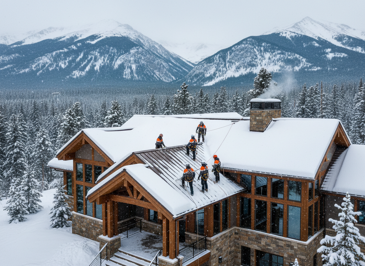 High-end Utah mountain home with a snow-covered luxury cabin-style roof, surrounded by pine trees and dramatic Wasatch mountain peaks in the background. Professional roofing crew in branded gear working safely on the roof in light snowfall. Modern architectural composition, drone-style angle, crisp winter atmosphere, designed to match a bold, premium roofing contractor brand.