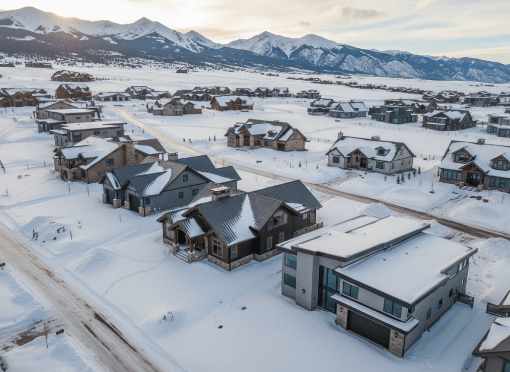 Wide drone photo of a Utah mountain neighborhood after fresh snowfall, with luxury cabins and modern homes featuring metal roofs, dimensional shingles, and flat roofs. Emphasize clean, premium roofing details, mountain peaks in the background, and a bold, trustworthy contractor aesthetic that matches existing site photography.